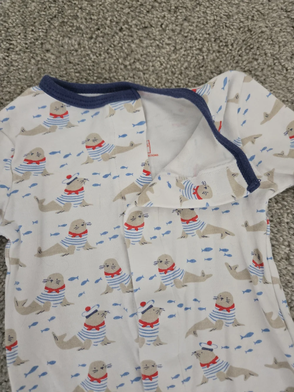 Magnetic Me White Seal Print Footed One-Piece with Navy Trim